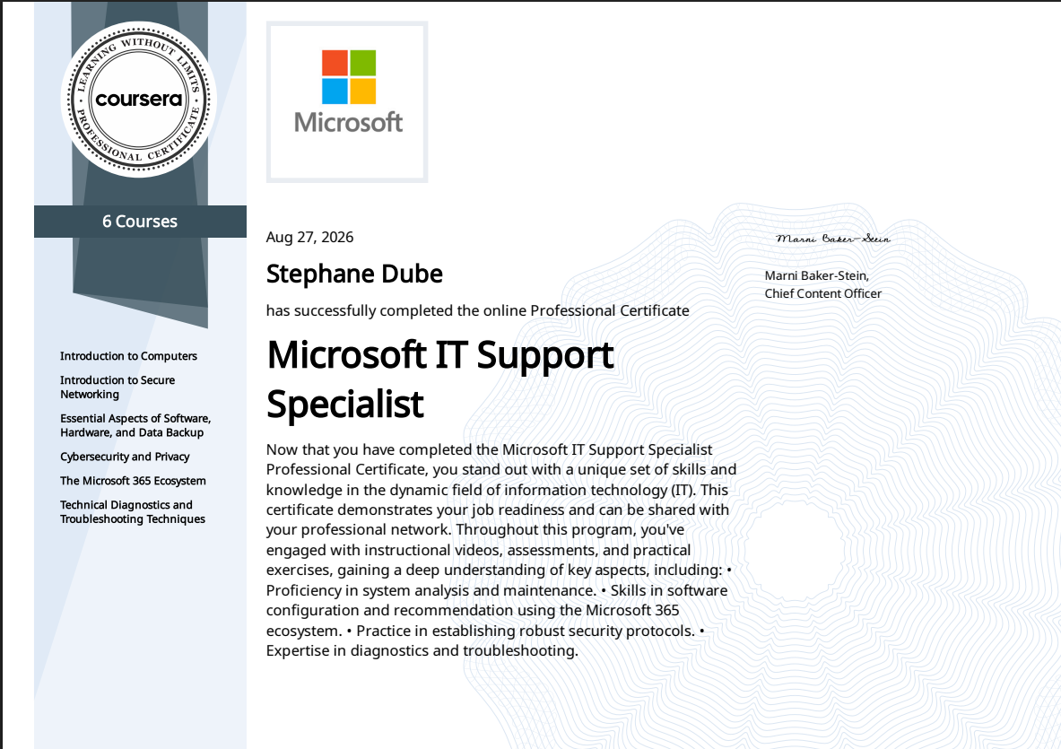 Microsoft IT Support Specialist — Certificate